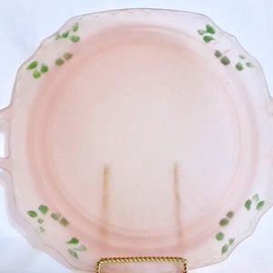 💲SALE💲HP!Antique/Vintage Depression Frosted Pink Glass Handled Plate w/Flowers